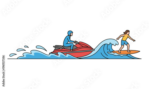 Jet Ski and Surfer Riding Ocean Waves Vector Illustration
