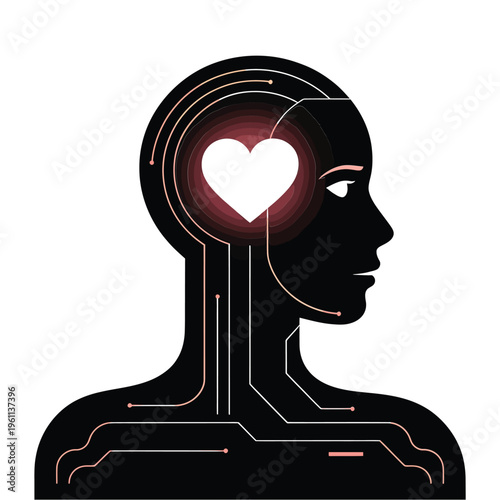 A digital human profile with a glowing heart centered in the brain