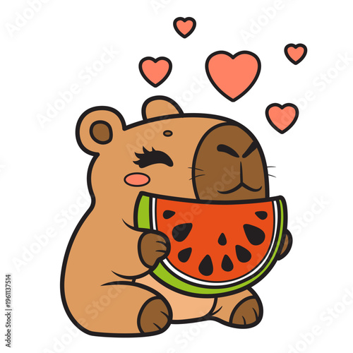 Cute cartoon capybara eats a slice of watermelon with appetite on white background