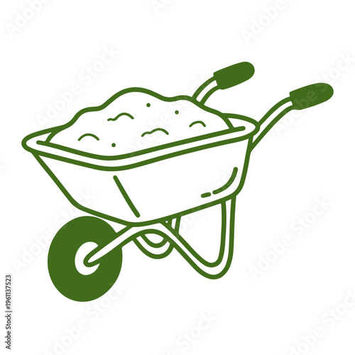 A clean minimalist spring and summer illustration of a garden wheelbarrow filled with dirt on a white background. Gardening
