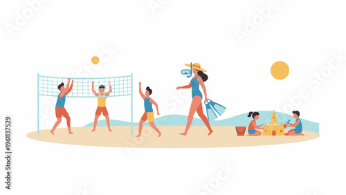 People doing beach activities flat vector illustration