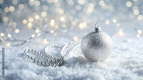 Winter Sparkle A Silver Ornament Rests on Sparkling Snow with Festive Lights and a Beaded Garland