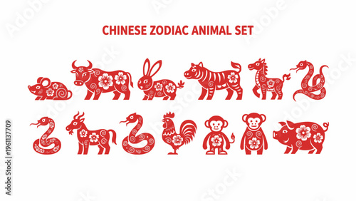 Chinese Zodiac Animal Set Red Paper Cut Style on White Background