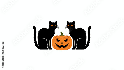 Two black cats sitting with Halloween Jack-o'-lantern on white