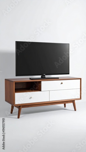 Modern TV stand with attached television against a plain white backdrop