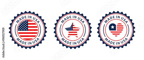 Made in USA Badge Vector Set – American Flag Seal Logos, Vintage Quality Labels & Stickers
