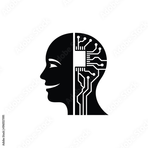 Human head silhouette combined with digital circuit board elements