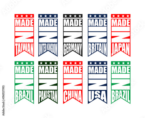 Made In Country Badge Vector Design Set – Vintage Label Stickers for USA, Japan, China, Pakistan, Brazil, UK, Germany, Taiwan