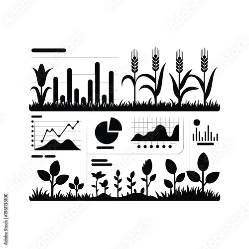 Agricultural data analysis illustration combining charts graphs and crop elements