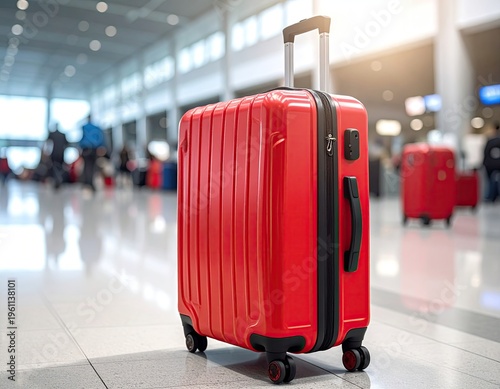 Bright red rolling suitcase stands in airport terminal, people in blurred background