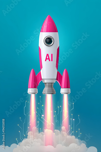 Illustration of a white and pink rocket ship labeled AI launching upwards against a blue background, representing the rapid growth and success of artificial intelligence technology in the modern bu...