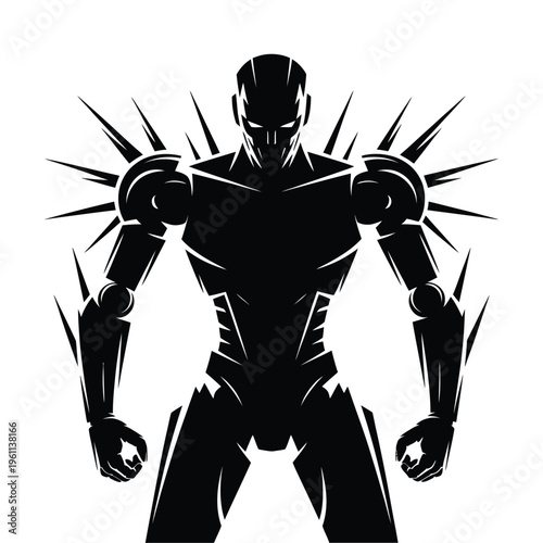 A stylized black silhouette of a robotic armored figure facing forward
