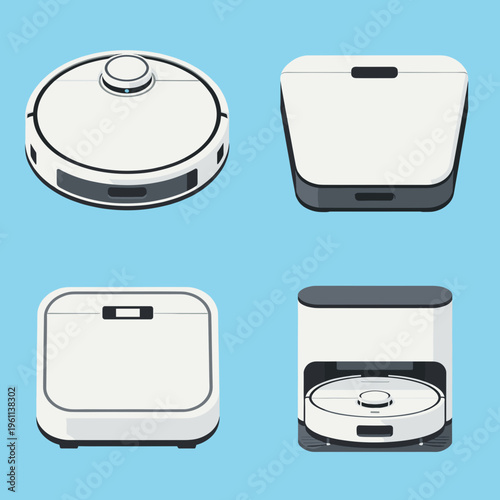 Modern Smart Robotic Vacuum Cleaner Set with Charging Station for Automatic Floor Cleaning and Smart Home Automation Technology Vector Illustration