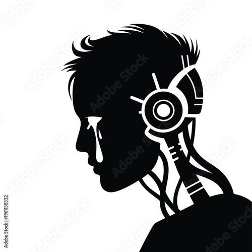 Silhouette of a woman with headphones and a single tear falling