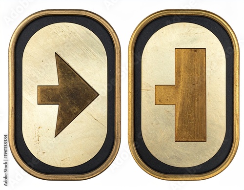 Two identical gold and black framed directional signs, one arrow, one T-shape