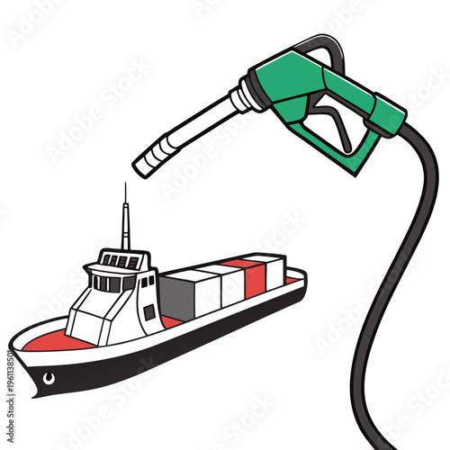 Cartoon illustration of a cargo ship being refueled with a green gas nozzle
