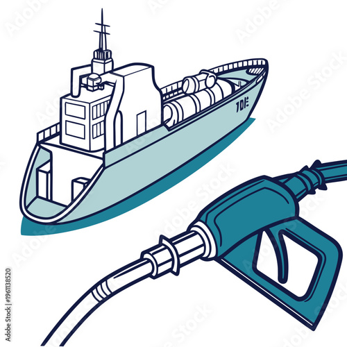 Illustration of a tanker ship and a gas pump nozzle