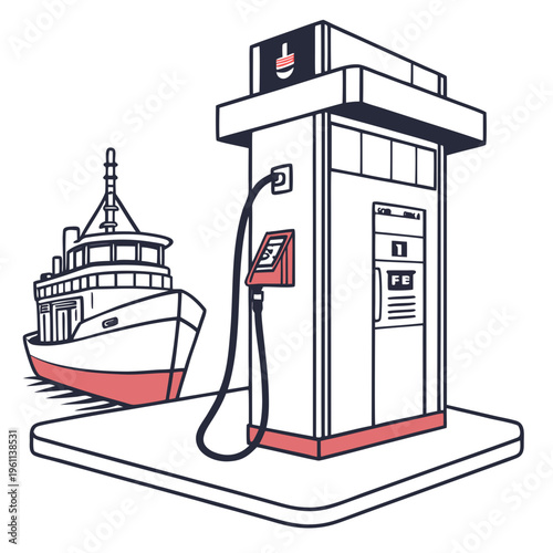 Illustration of a boat next to a gas pump on a white platform