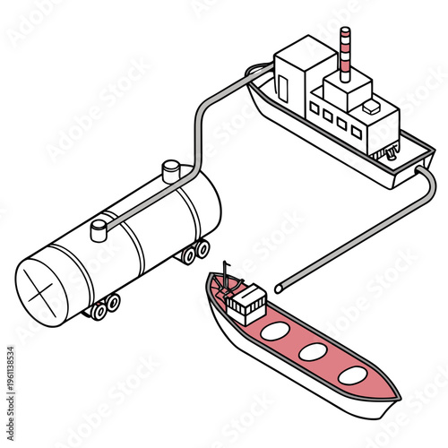 Vector illustration of oil tanker truck loading cargo ship