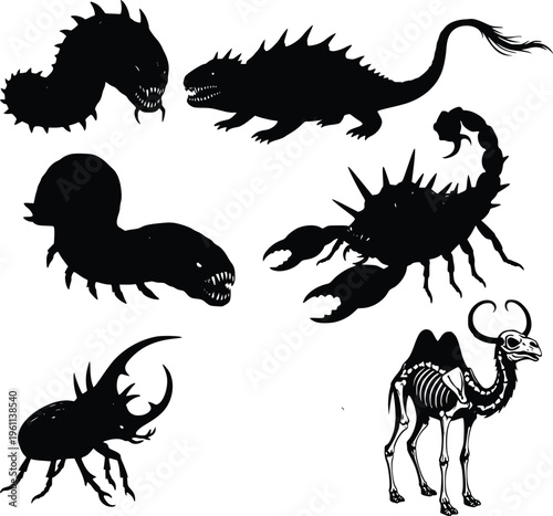 A collection of animal silhouettes and a skeleton on a white background