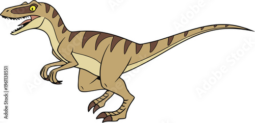 A digitally rendered Velociraptor is shown on a transparent background, positioned on the right side of the frame, facing slightly to the left. The dinosaur is depicted in a dynamic pose, as though in
