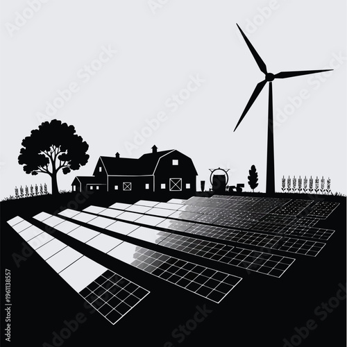 A rural scene featuring a farmhouse wind turbine and solar panels