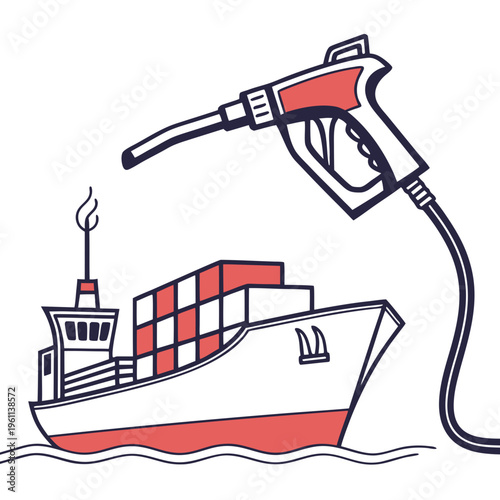 Vector illustration of a cargo ship being refueled with a gas pump nozzle