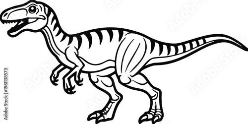 A digitally rendered Velociraptor is shown on a transparent background, positioned on the right side of the frame, facing slightly to the left. The dinosaur is depicted in a dynamic pose, as though in
