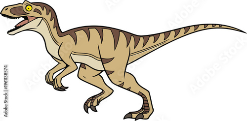 A digitally rendered Velociraptor is shown on a transparent background, positioned on the right side of the frame, facing slightly to the left. The dinosaur is depicted in a dynamic pose, as though in