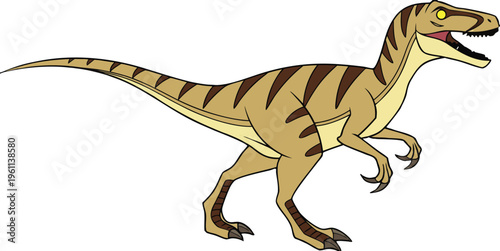 A digitally rendered Velociraptor is shown on a transparent background, positioned on the right side of the frame, facing slightly to the left. The dinosaur is depicted in a dynamic pose, as though in