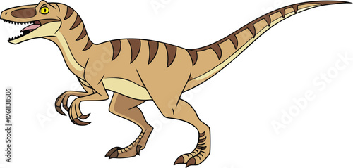 A digitally rendered Velociraptor is shown on a transparent background, positioned on the right side of the frame, facing slightly to the left. The dinosaur is depicted in a dynamic pose, as though in