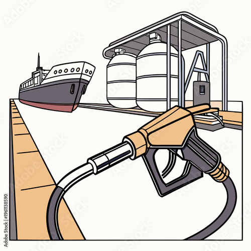 Vector illustration of a gas pump nozzle filling a ship at a dock