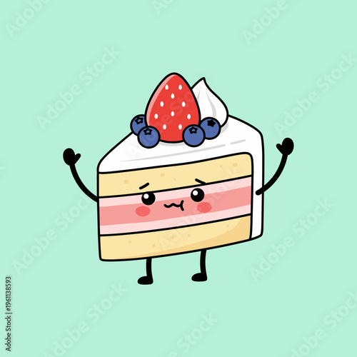 Cute Kawaii Cake Slice Character with Strawberry and Blueberries Topping Sweet Dessert Bakery Mascot Cartoon Vector Illustration on Green Background