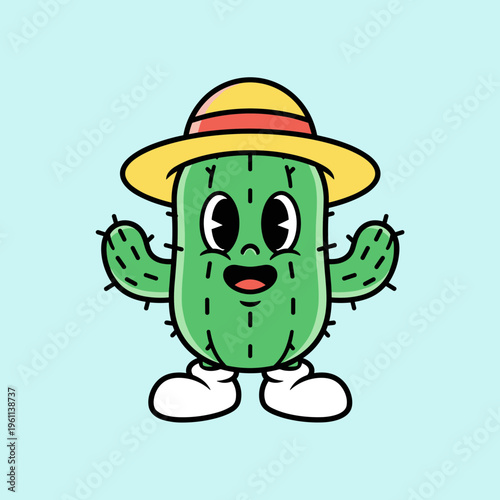 Cute Cactus Character Wearing Yellow Straw Hat and White Shoes, Friendly Desert Plant Mascot for Summer Travel and Nature Decoration Graphics
