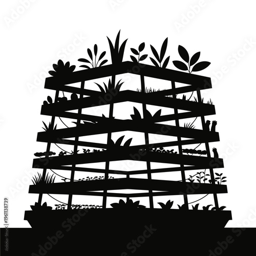 A striking black silhouette of a tiered vertical garden structure