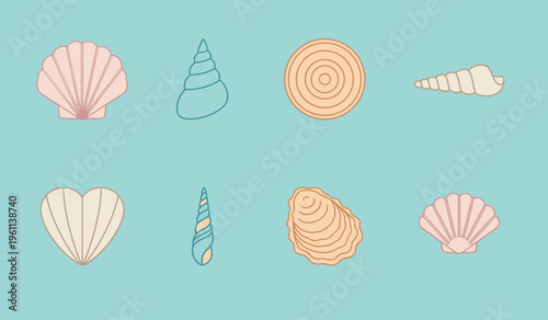 Variety of Seashell Icons Set in Pastel Colors, Different Shapes of Sea Shells and Clams for Beach Summer Vacation and Marine Life Design Projects