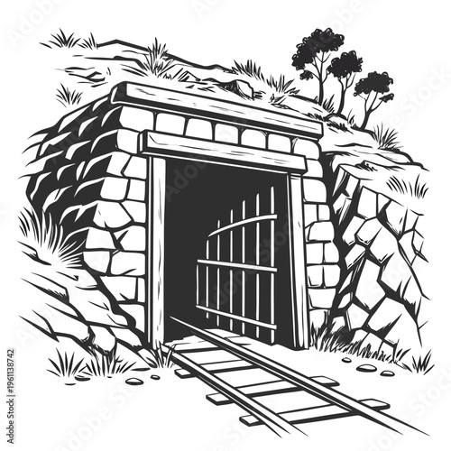 Black and white illustration of a mine entrance with railroad tracks leading inside