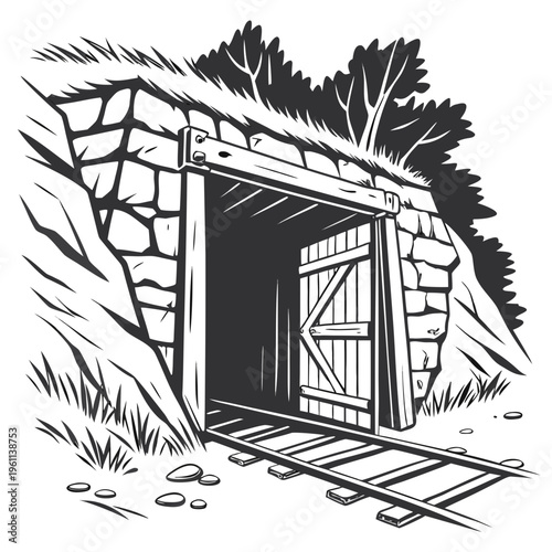 Black and white illustration of mine entrance with wooden gate and railroad tracks