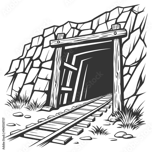 Black and white illustration of a mine tunnel entrance with railroad tracks