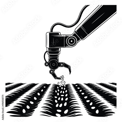 Robotic arm planting seeds in cultivated agricultural field monochrome design