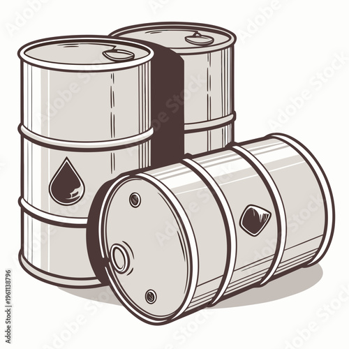 Brown and white illustration of three oil barrels