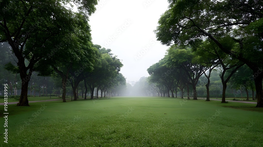 Fototapeta premium A serene park lawn lined with lush trees fades into a soft morning mist creating a peaceful and natural vista