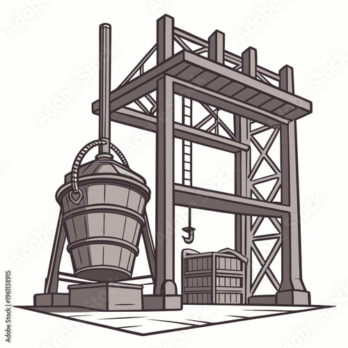 Industrial construction site with crane and bucket