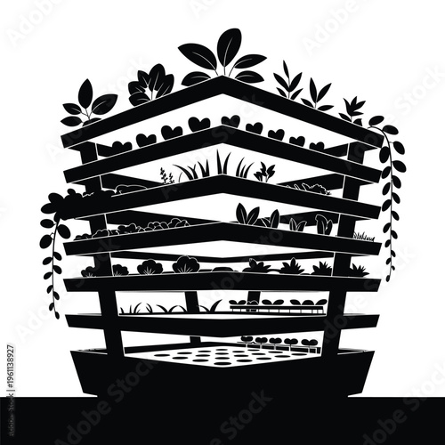 A stylized black and white illustration of a tiered plant stand