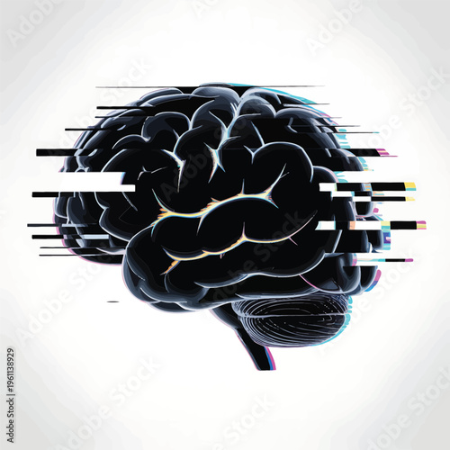 A digital brain illustration with glitch effects and distorted lines