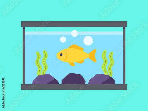 Goldfish Swimming in a Glass Aquarium Tank with Green Seaweed and Rocks Under Blue Water, Domestic Pet Fishbowl Interior Scene Vector Design