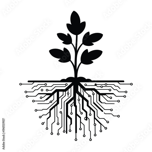 Digital roots A stylized plant with circuitry representing its root system