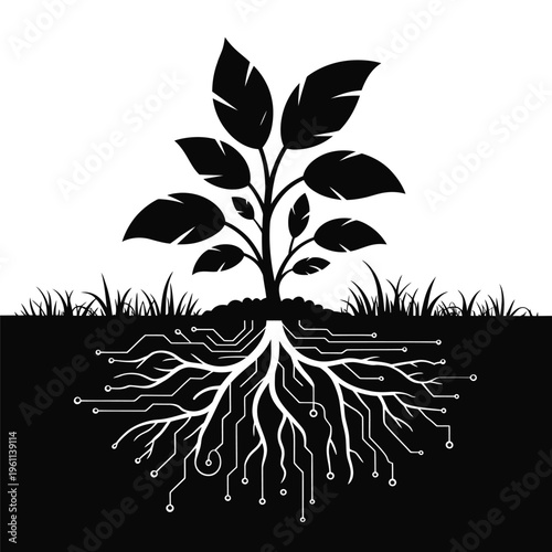 A stylized plant with roots integrated with circuit board elements