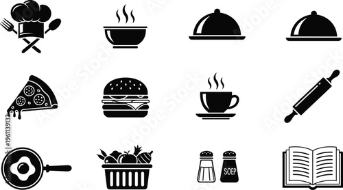 Collection of black and white vector silhouette icons featuring restaurant food, cooking equipment, chef hat, pizza slice, hamburger, hot coffee cup, and open recipe book.