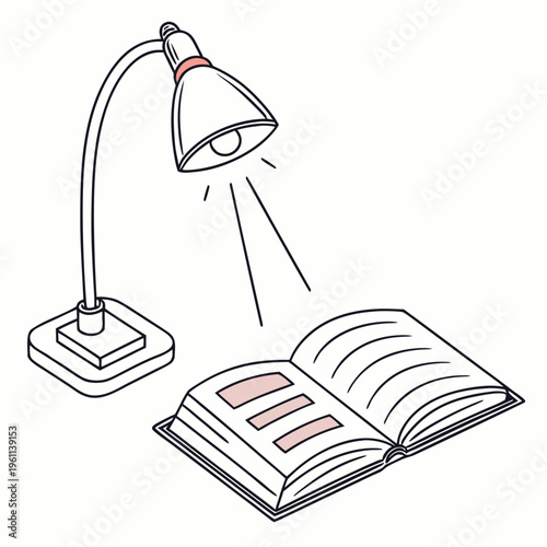 A line drawing of a desk lamp shining on an open book